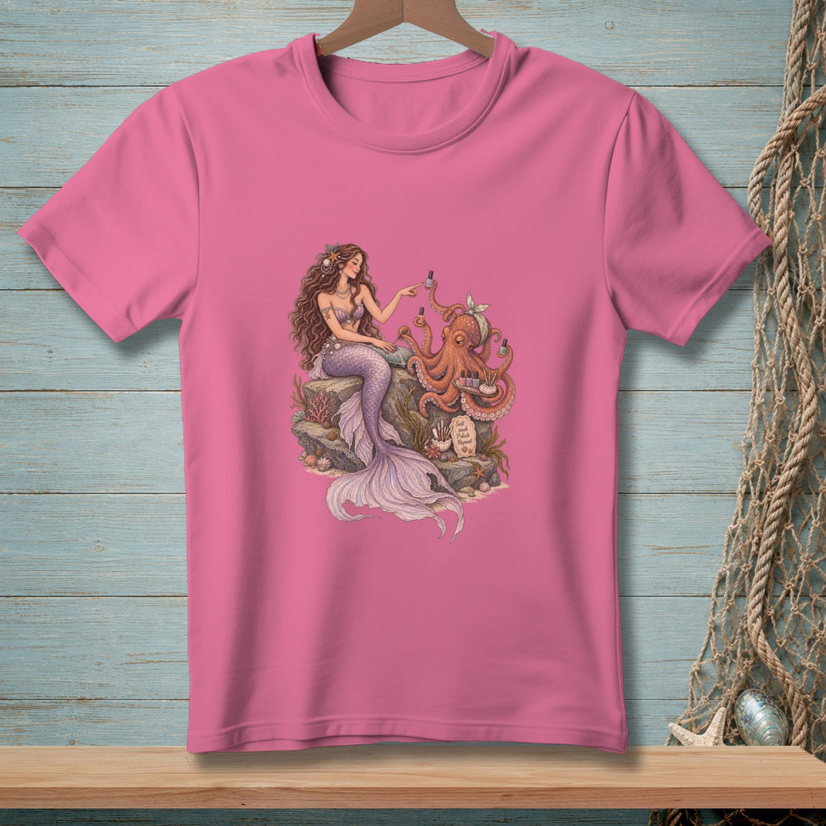 Mermaid giving an octopus a nail polish and pedicure on a rock.