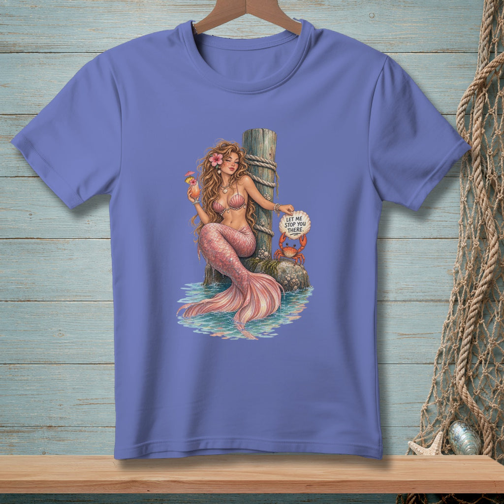 Mermaid with cocktail by a post, a crab holds sign reading "Let me stop you there."
