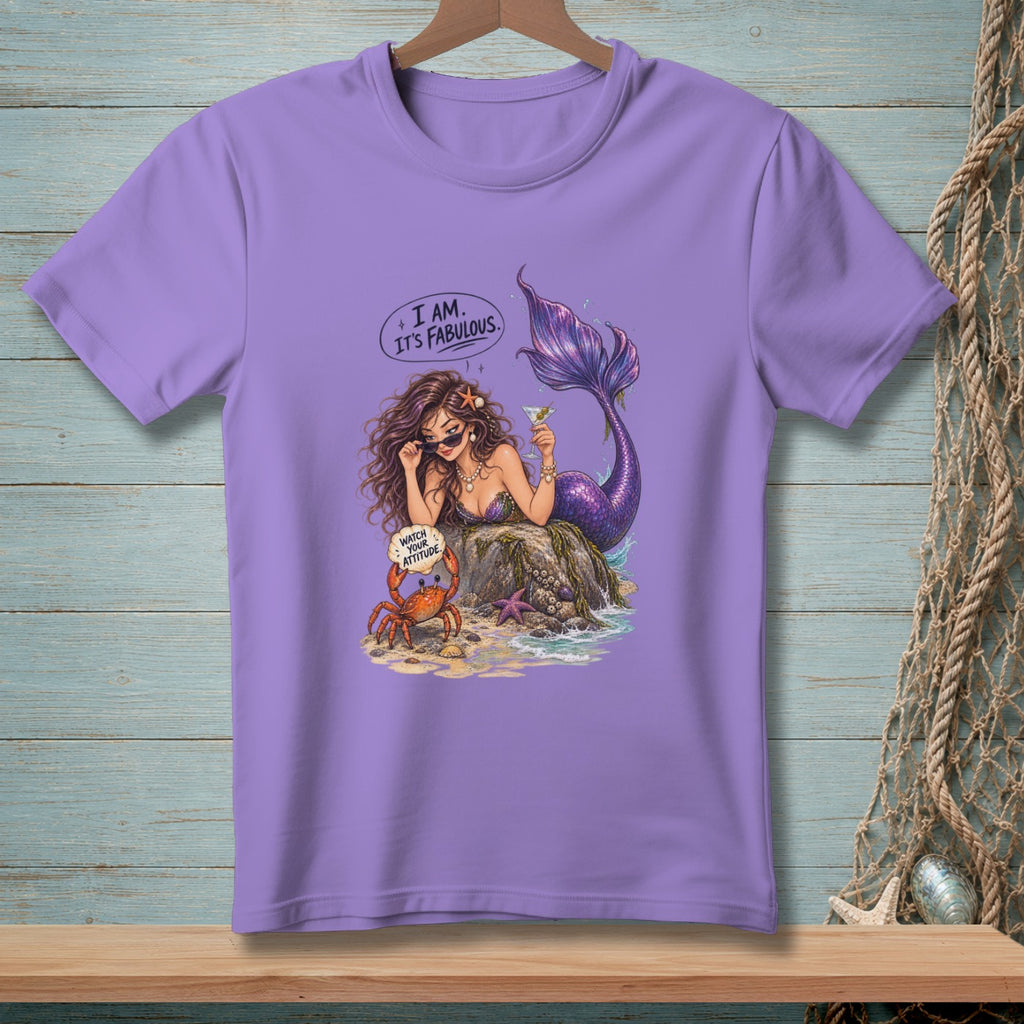 T-shirt with a mermaid, crab, and beach scene, reading "I AM. IT'S FABULOUS."