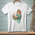 Mermaid with drinks on a rock, with a crab and starfish nearby.