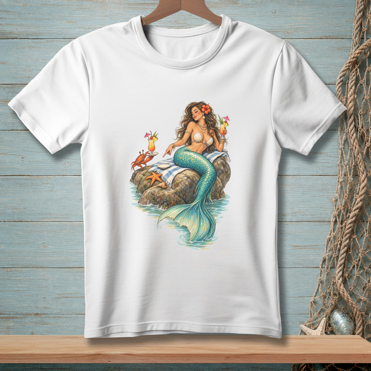 Mermaid with drinks on a rock, with a crab and starfish nearby.