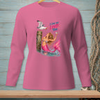 Pink long-sleeve shirt with a mermaid and seagull graphic that says "I CAN DO LOUD TOO".