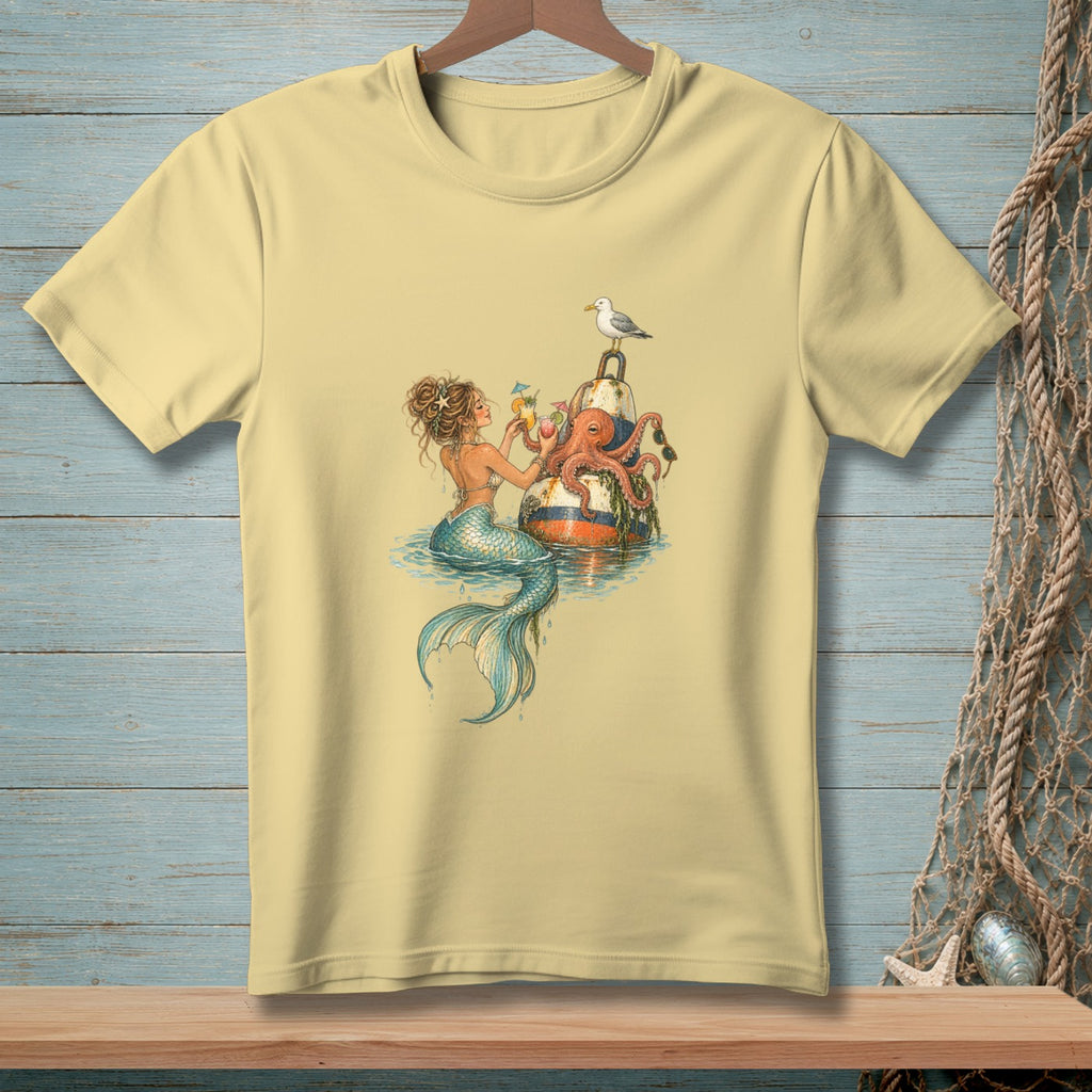 Mermaid and octopus on a buoy with drinks and a seagull.