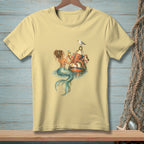 Mermaid and octopus on a buoy with drinks and a seagull.