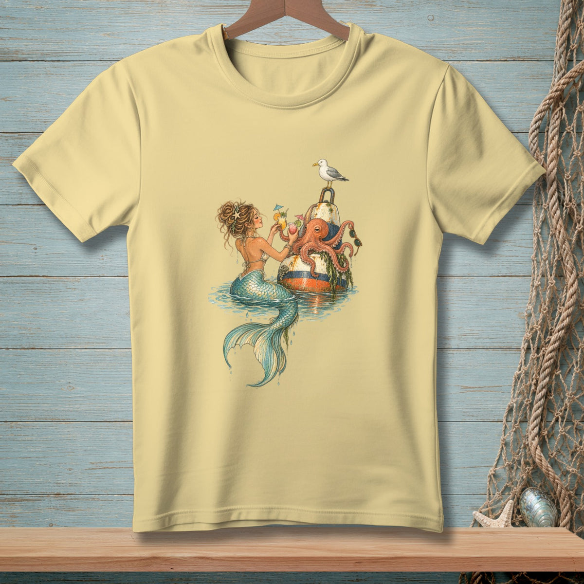 Mermaid and octopus on a buoy with drinks and a seagull.