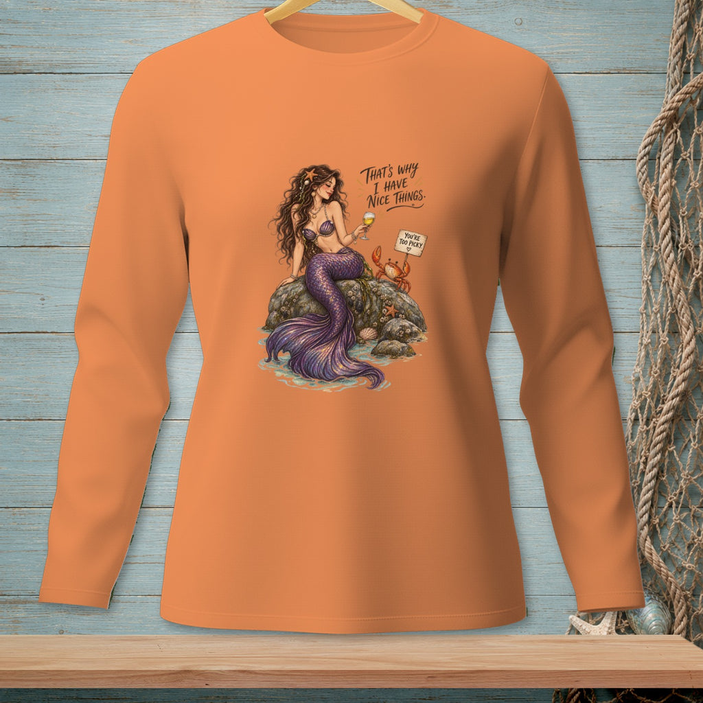 Orange long-sleeve shirt featuring a mermaid with a drink and a crab.
