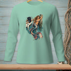 Mint green long-sleeve shirt featuring a mermaid lounging by a boat and a wooden post.