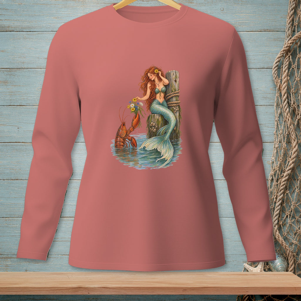 Mermaid sitting on a post with a lobster and flowers in water.
