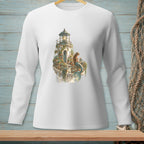 Long-sleeve shirt with a watercolor print of a mermaid watering plants on a lighthouse balcony.