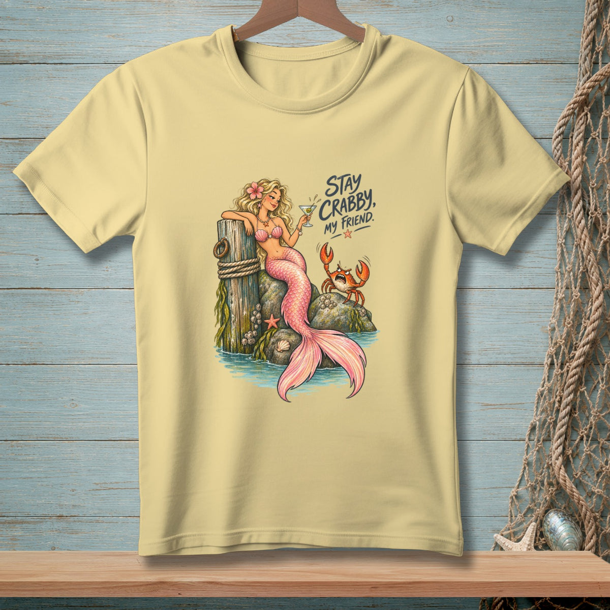 Mermaid holding a cocktail with a crab and text "Stay Crabby, My Friend."