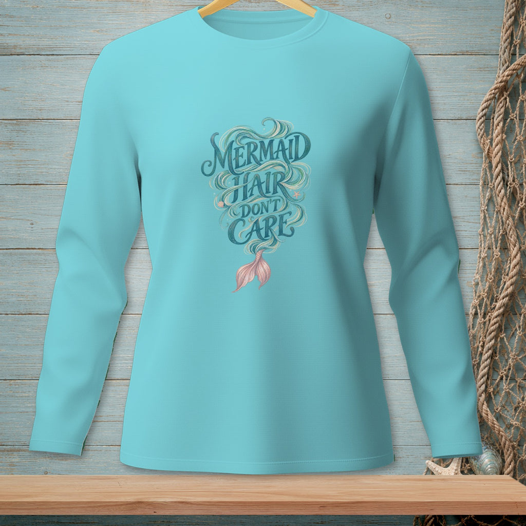 Long sleeve teal shirt with "Mermaid Hair Don't Care" text and mermaid tail graphic.