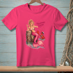 Pink t-shirt with mermaid and lobster graphic that reads "FASCINATING EXCUSE."