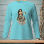 Mermaid sitting on rock with pufferfish on turquoise long sleeve shirt.