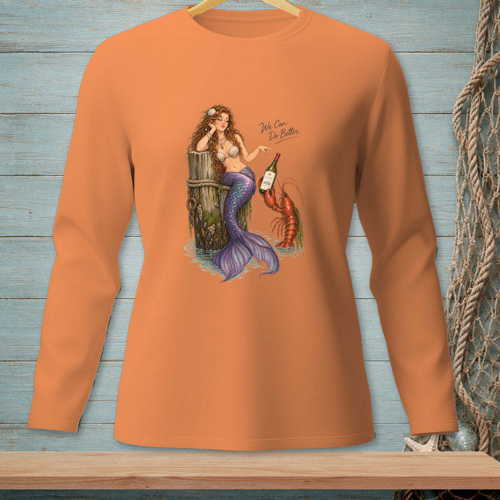Orange long-sleeve shirt with mermaid, lobster, and wine bottle graphic.