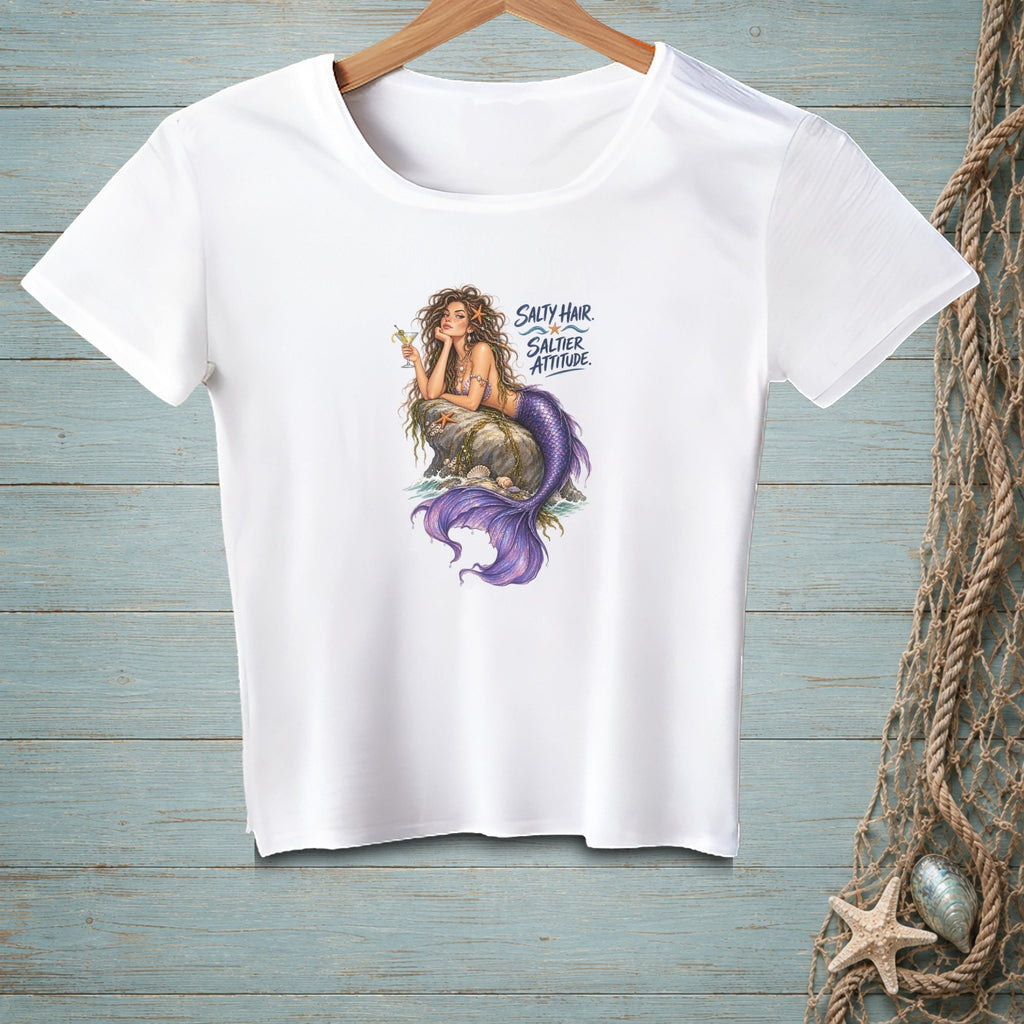 White t-shirt with a mermaid graphic and text "Salty Hair. Saltier Attitude."