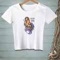 White t-shirt with a mermaid graphic and text "Salty Hair. Saltier Attitude."