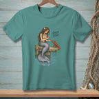 Mermaid offering a flower to a lobster on a dock, with text "GOOD START."