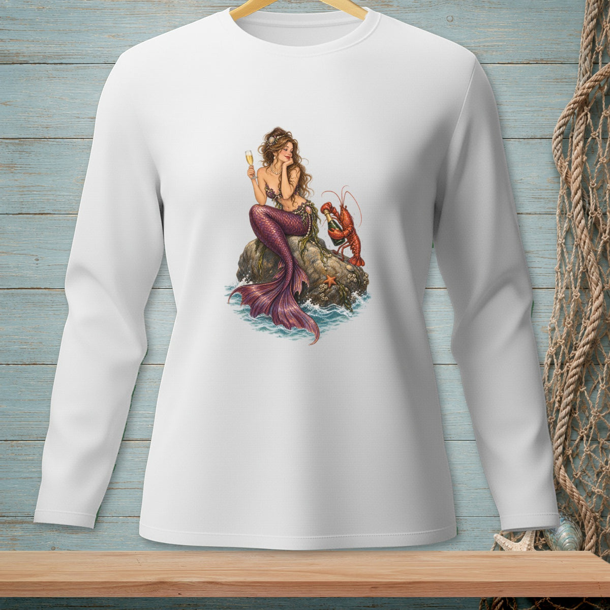 Illustration of a mermaid sitting on a rock with a lobster and champagne.