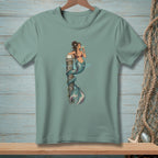 T-shirt with a graphic of a mermaid drinking a cocktail, wrapped around a wooden post.