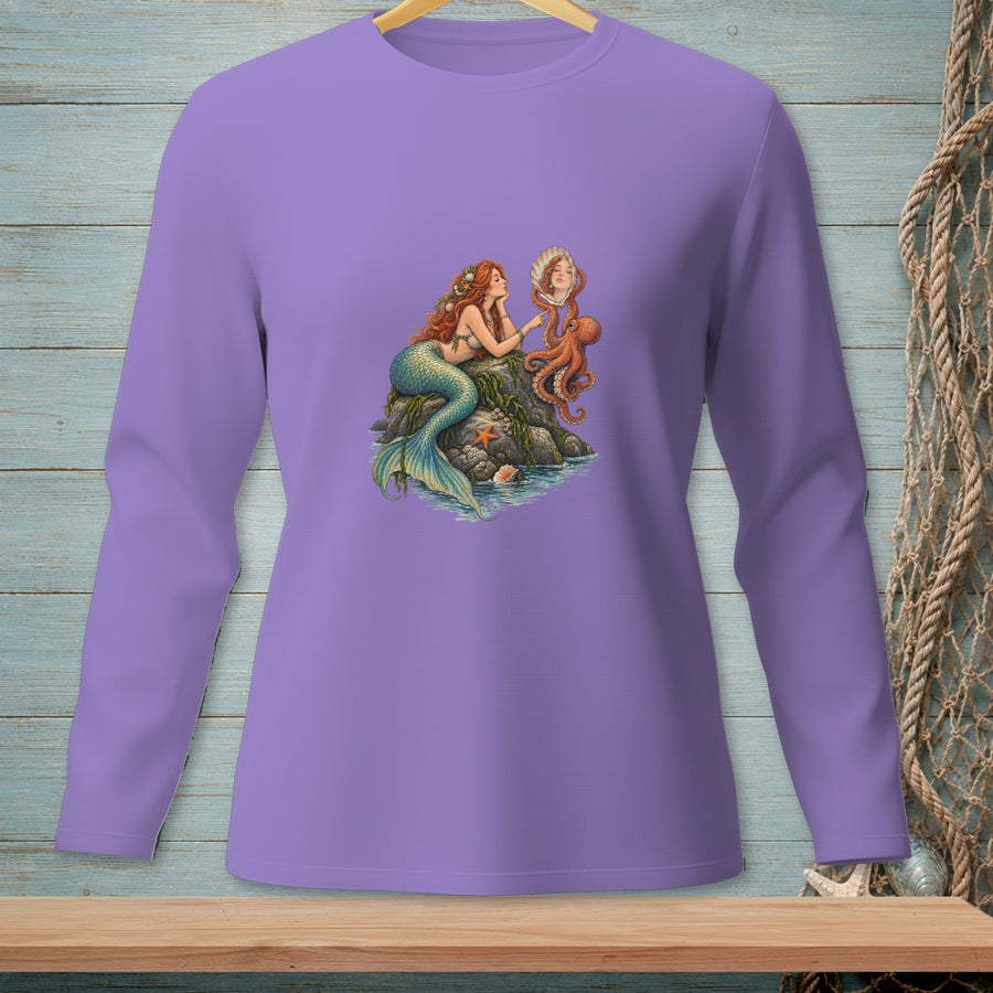 Mermaid holding a seashell with a face and an octopus on a rock.