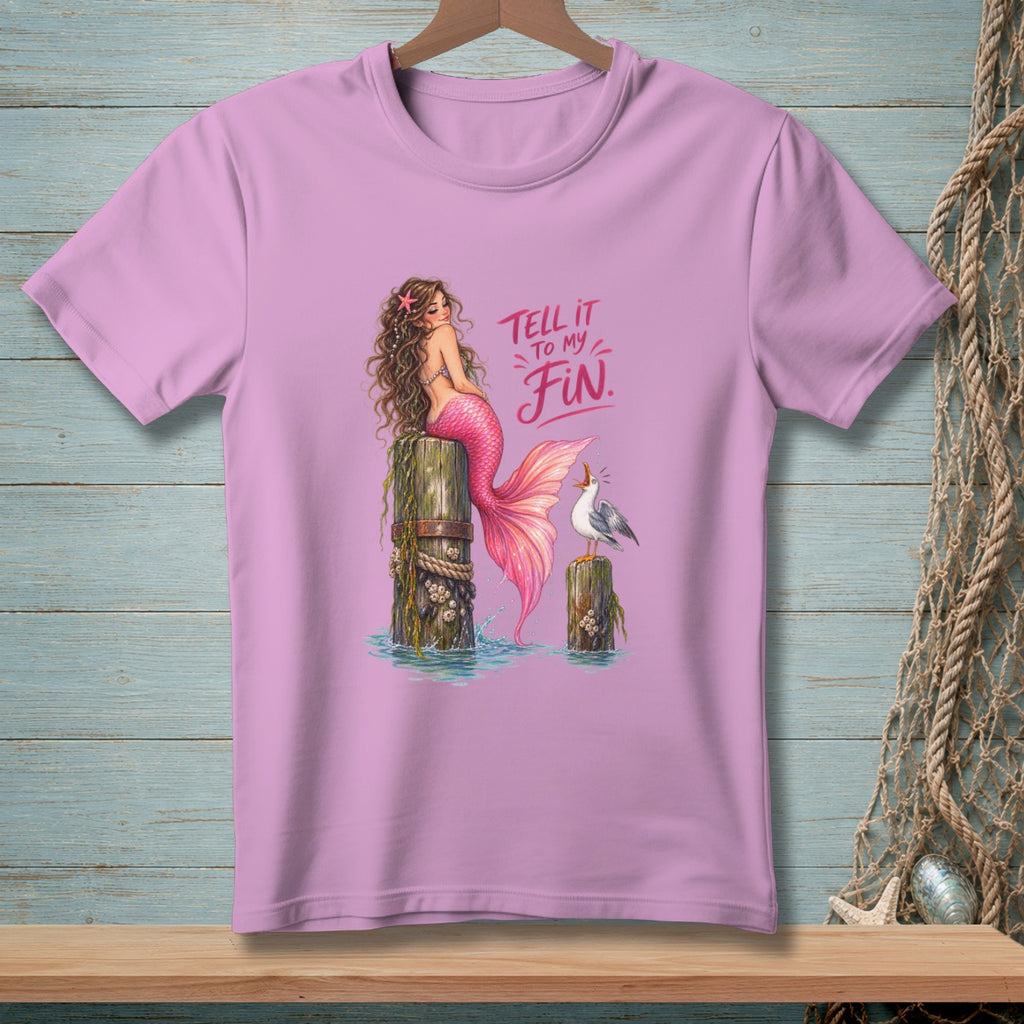 Pink t-shirt with mermaid and seagull graphic that reads "Tell it to my Fin."