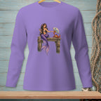 Purple long-sleeve shirt with a mermaid holding a fan and a crab on a dock.