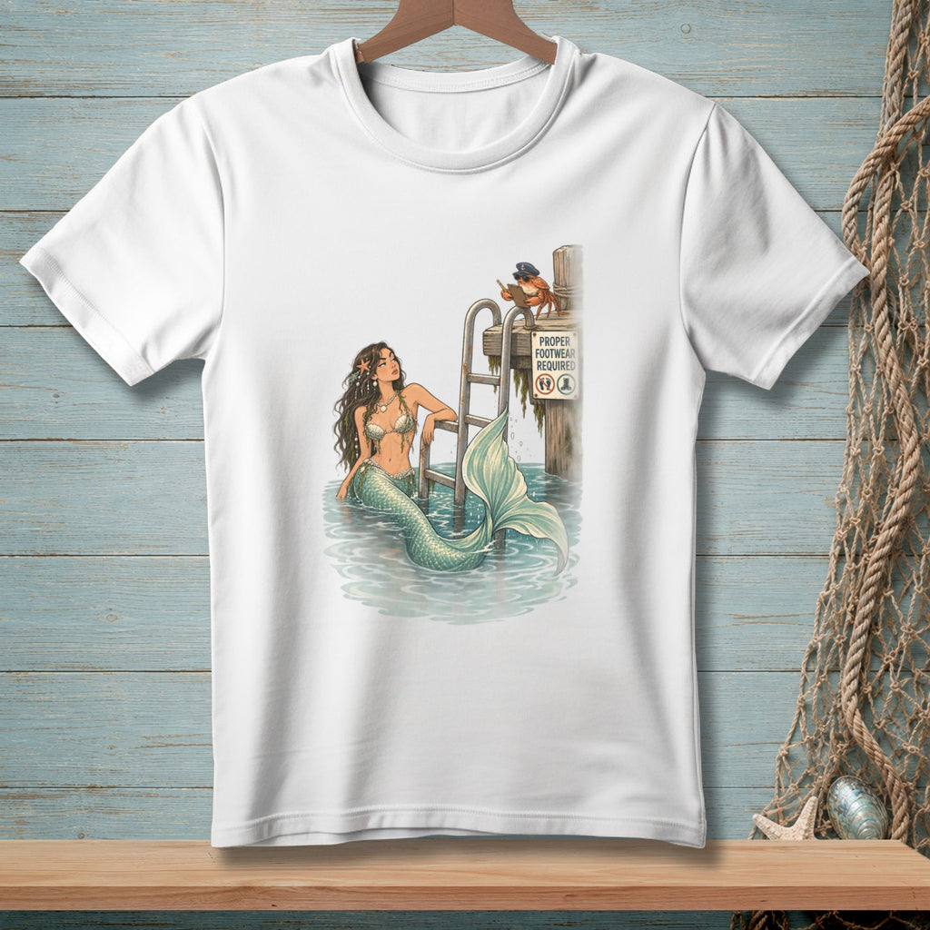 Mermaid in water with ladder and crab lifeguard wearing hat and sign.