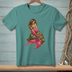 Teal t-shirt featuring a mermaid sitting on a rock with a crab.