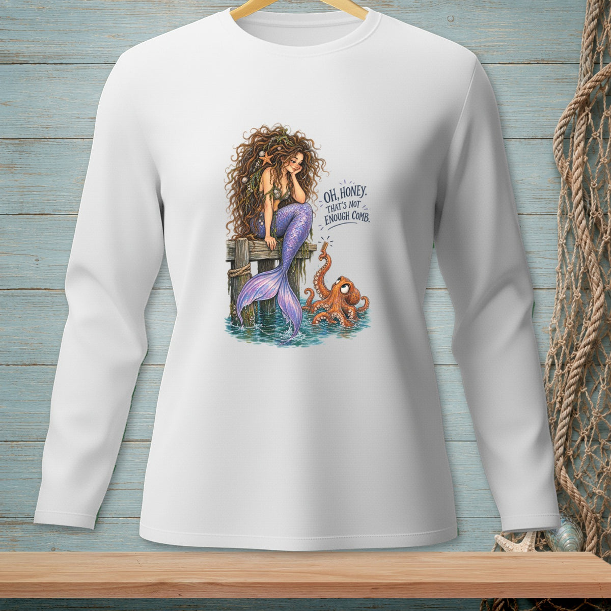 Mermaid and octopus illustration with text "Oh, honey. That's not enough comb."