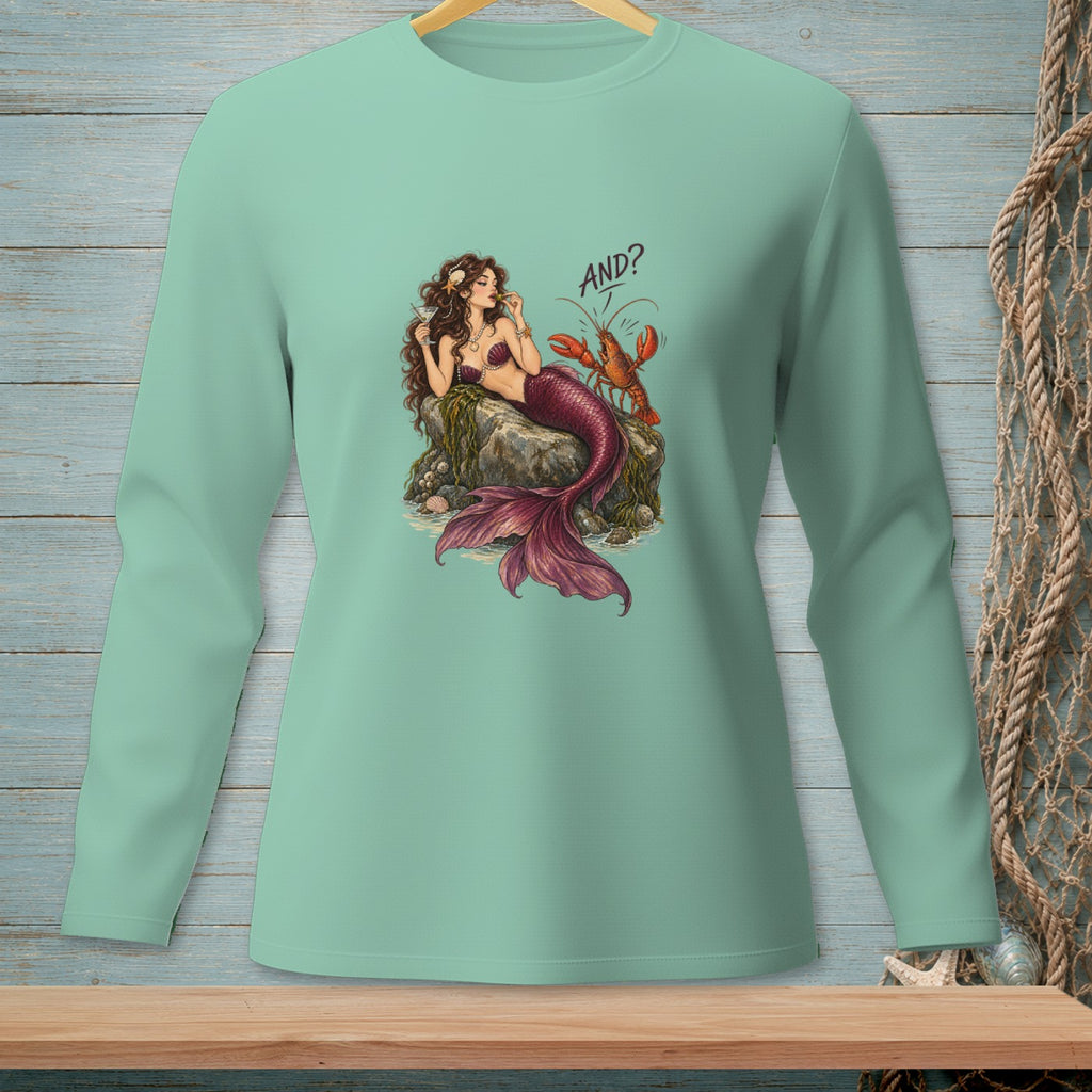 Mermaid with a martini and lobster with text "AND?"
