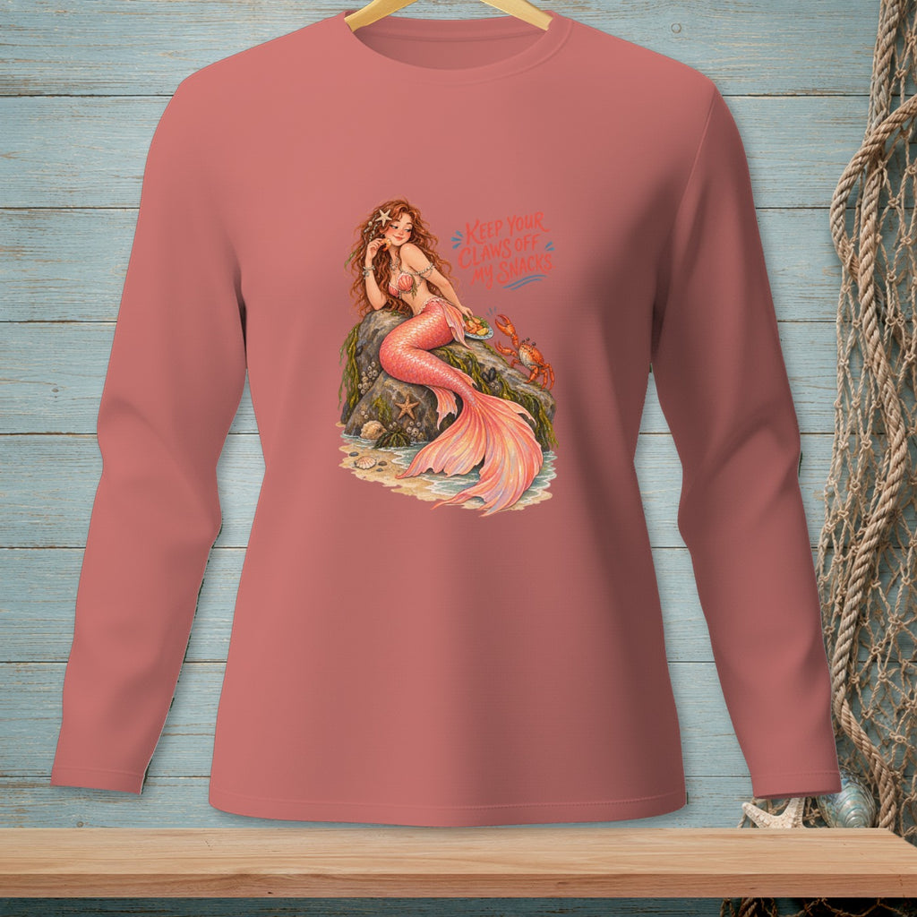 Mermaid with pink tail on rock with text "Keep your claws off my snacks".