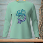 Long-sleeve shirt with "Salty Hair Don't Care" and a mermaid tail graphic.