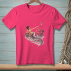 Mermaid and octopus serving drinks on a pink t-shirt.