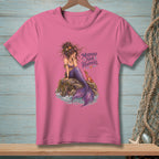 Pink t-shirt with mermaid illustration and "Mermaid Hair Happens." text.