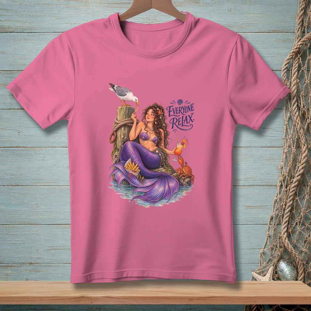 Pink t-shirt with a graphic of a mermaid, crab, seagull, and the text "EVERYONE RELAX".