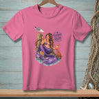 Pink t-shirt with a graphic of a mermaid, crab, seagull, and the text "EVERYONE RELAX".