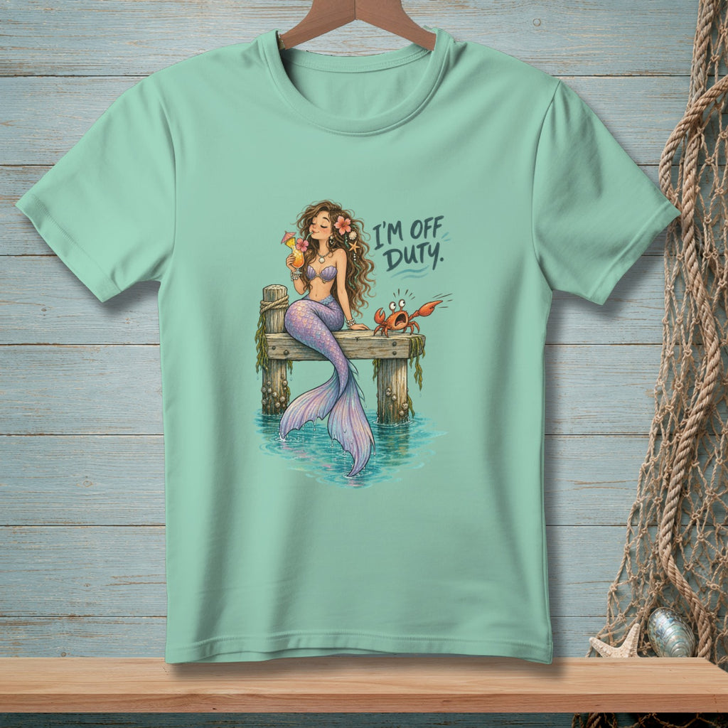 Mermaid with drink and crab on dock, reads "I'M OFF DUTY."
