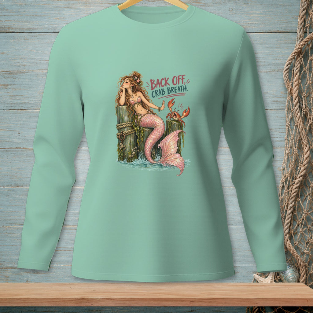 Mermaid with pink tail and crab sits on pilings, "Back Off Crab Breath" text.