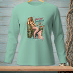 Mermaid with pink tail and crab sits on pilings, "Back Off Crab Breath" text.