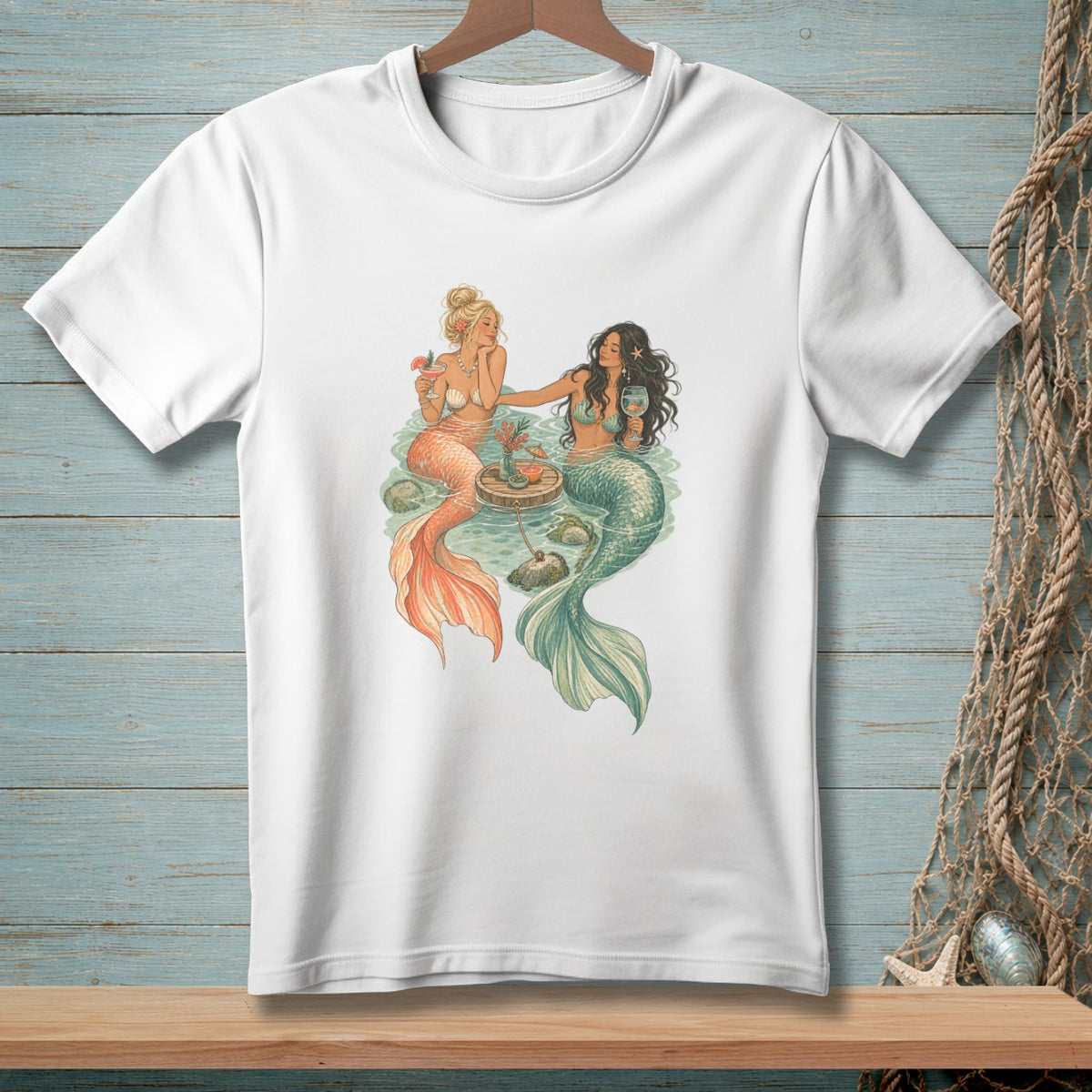 Two mermaids relax in water, holding drinks and a small tray.