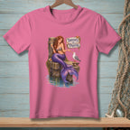 Pink t-shirt with a mermaid sitting on a dock, feeding a seagull, with "Thoughts and Prayers" sign.