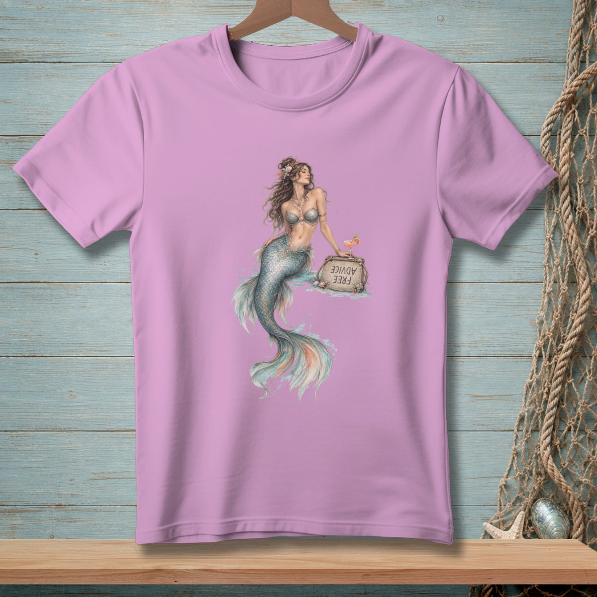 Pink t-shirt with a watercolor mermaid graphic holding a "Free Advice" sign.