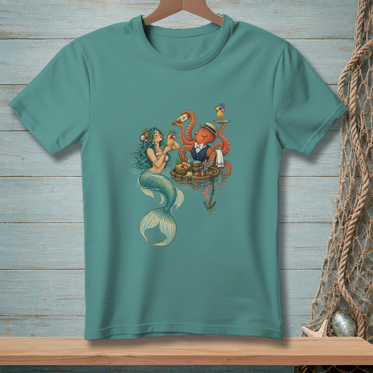 Mermaid and octopus bartender serve drinks on a floating tray with nautical decor.