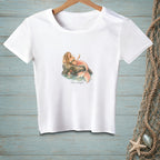 White t-shirt with a mermaid holding a glass of champagne, text "Plans Changed".