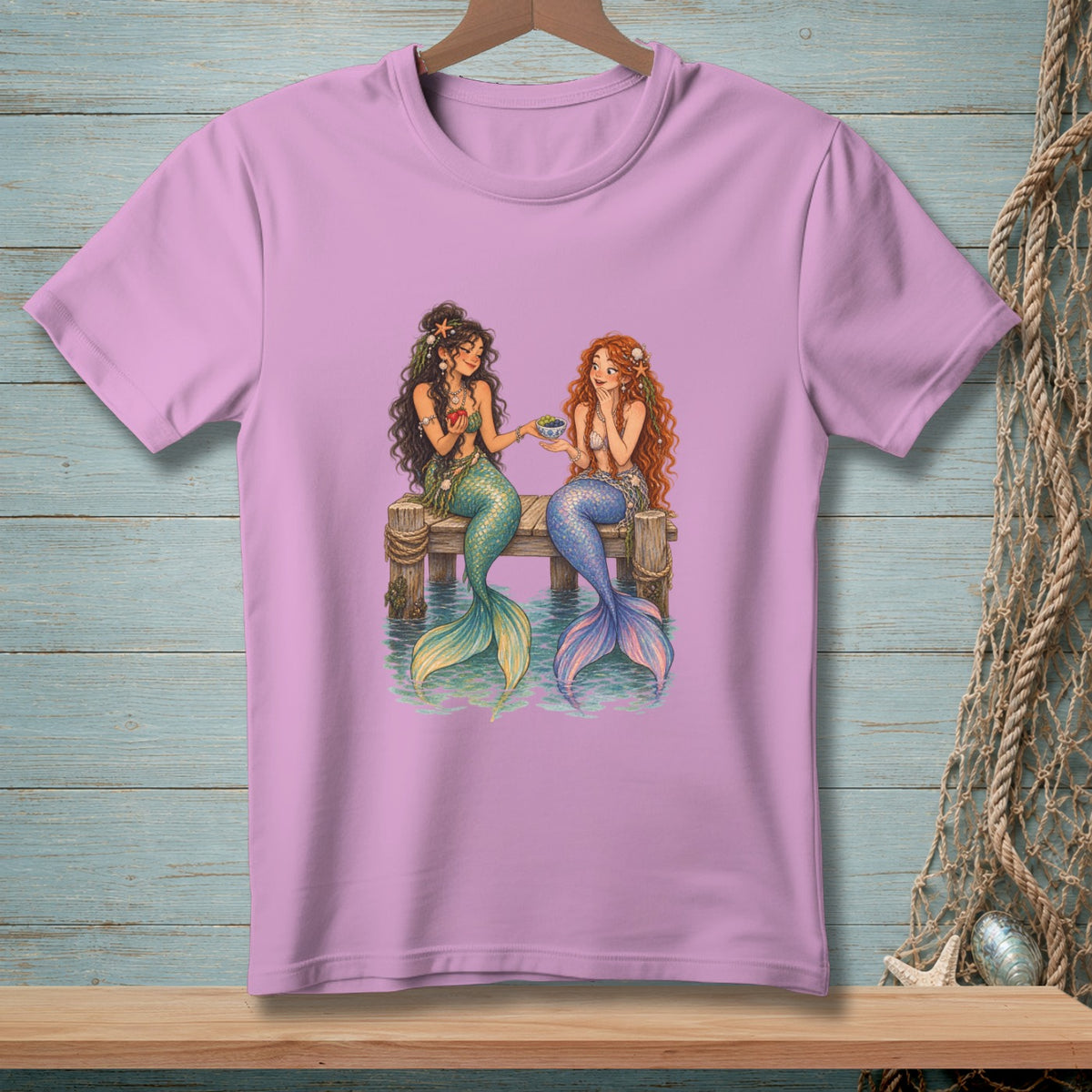 Two mermaids with colorful tails sit on a wooden dock, sharing a drink.