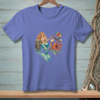 Mermaid with cocktail sits on dock while octopus offers flowers and sunglasses.