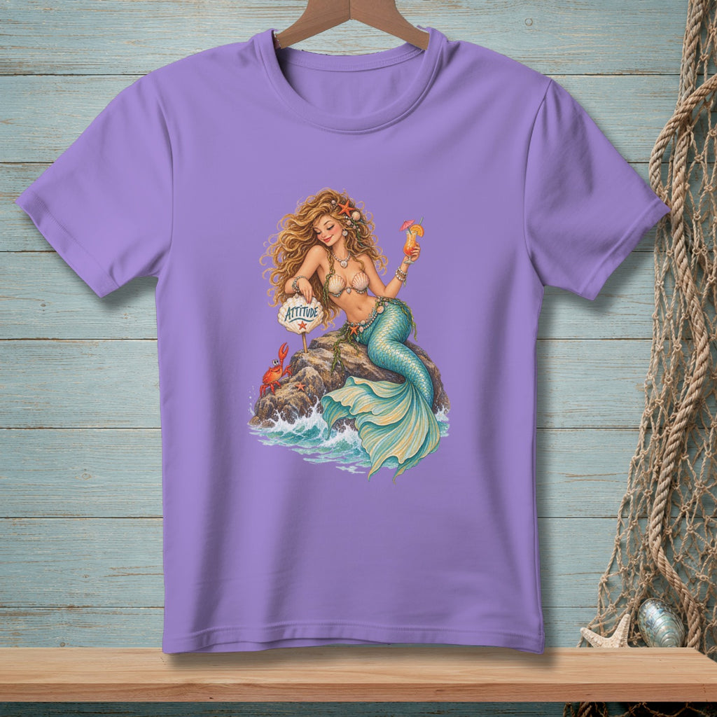 Mermaid with drink and "ATTITUDE" sign on a rock.
