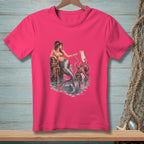 Mermaid holding a cocktail, octopus with a to-do list by a wooden pier.