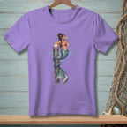 Illustration of mermaid drinking cocktail, wrapped around wooden post in water.