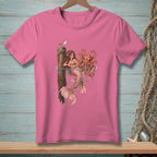 Pink t-shirt with mermaid and octopus graphic, featuring a seagull on a post.